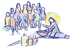 Zeichnung: Jesus beim Waschen der Füße der Jünger