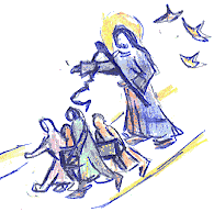 Zeichnung: Jesus beim Vertreiben der Händler im Tempelbereich